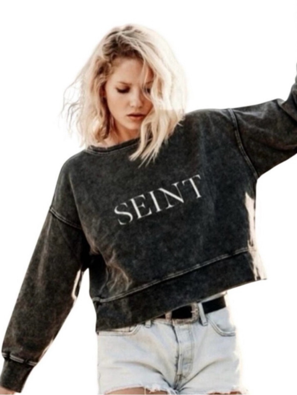 Seint Distressed Acid Wash Cropped Crewneck Sweatshirt. New with tags size M